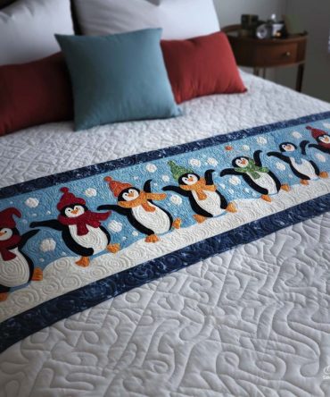 Dancing Penguins Festive Quilted Bed Runner — Playful Penguin Motif Bed Scarf For Winter & Holiday Bedrooms, Soft Quilting, Kid-Friendly