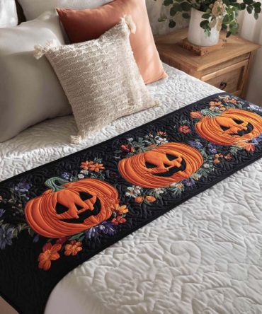 Dark Harvest Quilted Bed Runner – Autumnal Foliage And Rich Textures, Stitched Quilting For Warm Seasonal Bedrooms & Rustic Living Spaces