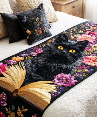 Luxury Quilted Bed Runner With Dark Library Cat Illustration – Decorative Bed Scarf For Queen & King Beds, Soft & Durable