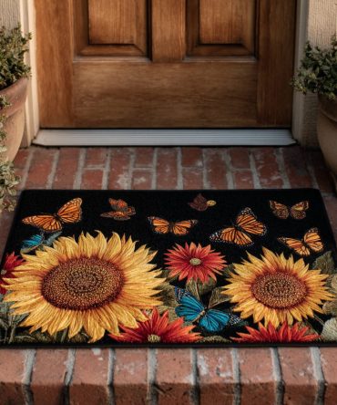 Moody Sunflower Welcome Mat - Dark Floral Outdoor/Indoor Doormat, Fade-Resistant Art Print, Durable Surface & Non-Slip Backing For Elegant Porches
