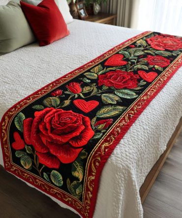 Deep Blossom Quilted Bed Scarf — Vibrant Floral Decorative Runner For Garden-Inspired Bedrooms, Colorful Layering, Machine Washable