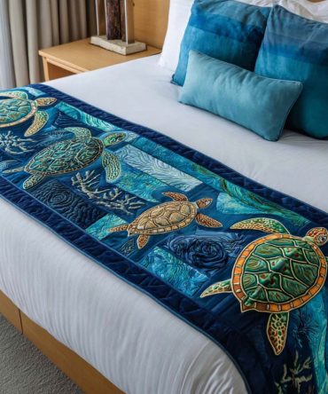 Deep Blue Guardian Quilted Bed Scarf — Bold Oceanic Decorative Runner, Soft Cotton Blend, Reversible Accent For King & Queen Bedrooms