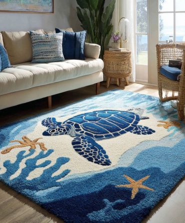 Deep Blue Turtle Coastal Rug – Nautical Sea Turtle Area Rug For Beach Houses, Kids’ Rooms & Ocean-Themed Spaces