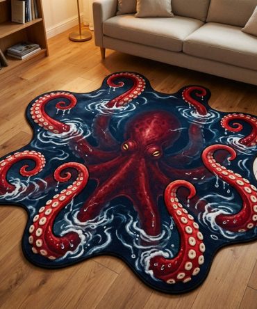 Custom Kraken-Shaped Area Rug — Unique Deep-Sea Nautical Accent Rug, High-Detail Plush Cut-To-Shape Statement Piece