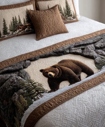 Deep Timber Roar Quilted Bed Runner — Bold Moose & Timber Design Cotton Throw For Cabin Bedrooms , Rustic, Reversible, Easy-Care