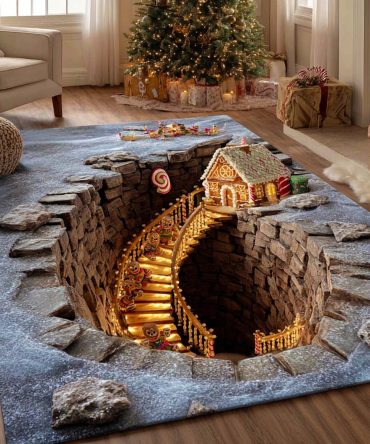 Winter Cabin Descent Area Rug — Cozy Snowy Mountain Scene Rug, Plush Warm Accent For Cabin Living Rooms, Chalets & Entryways