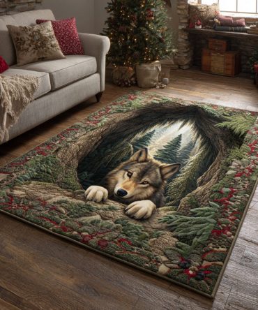 Wolf Hollow Rustic Area Rug — Majestic Timber Wolf Design, Plush Low-Pile Animal Accent Rug For Lodge, Bedroom & Living Room