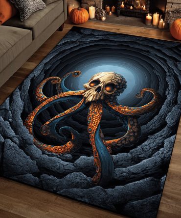 Deepsea Octopus Skull Rug — Dramatic Nautical Skull & Tentacle Accent Rug, High-Contrast Plush For Bar, Game Room & Gothic Decor