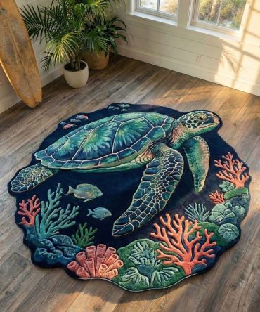 Custom-Shaped Deepsea Turtle Rug — Unique Contoured Marine Accent Rug, Plush Fade-Resistant Statement Piece For Coastal Rooms