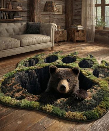 Custom Bear-Shaped Forest Rug — Handcrafted Deepwood Bear Accent Rug, Thick Plush Contour Rug For Lodge, Cabin & Kids' Rooms