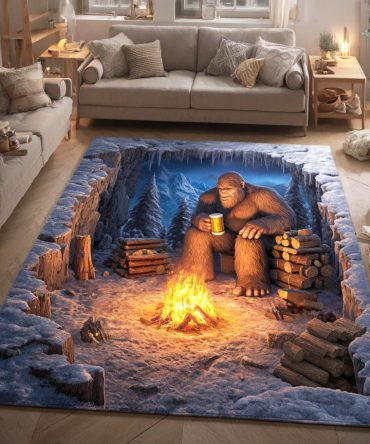 Deepwood Watcher Forest Area Rug — Majestic Woodland Bear Silhouette, Plush Rustic Accent Rug For Cabin Entryway & Living Room