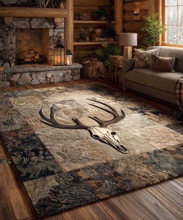 Boho Deer Spirit Rug — Native-Inspired Deer Motif Area Rug For Bedroom & Cabin, Soft Low-Pile, Easy-Care, Non-Slip Backing