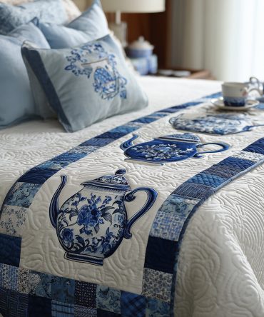 Delft Dreams Blue & White Quilted Bed Scarf — Vintage-Inspired Delft Tile Pattern Decorative Runner For King & Queen Beds