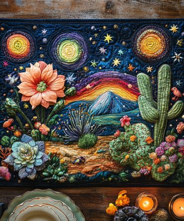 Desert Bloom Quilted Placemat — Floral Cactus Table Mat, Insulated Quilting & Machine-Washable for Southwestern Kitchen Style