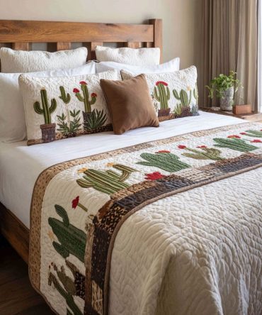 Desert Blossom Magic Quilted Bed Runner – Lush Floral Motifs With Artisan Quilting, Warm Tones For Boho & Western Inspired Interiors