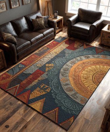 Desert Feather Circle Rug - Boho Southwestern Round Accent For Living Room, Bedroom & Entryway, Soft Durable Floor Decor