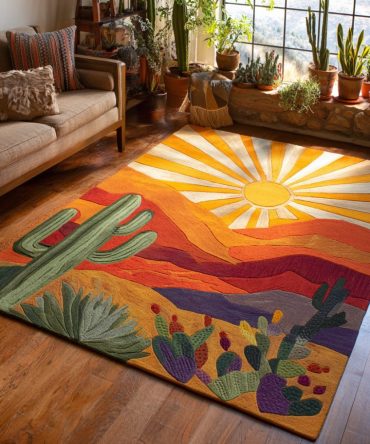 Desert Glow Rug - Coastal Desert Boho Area Rug With Muted Sunburst Tones For Living Room, Bedroom & Entry, Durable Low-Pile