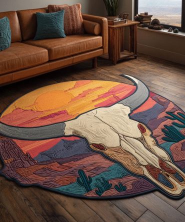 Desert Skull Custom Shape Rug - Bold Southwestern Skull Silhouette Accent Rug For Wall Display, Entry Or Statement Floor Decor