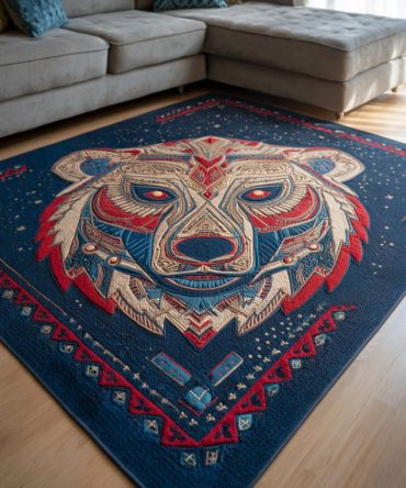 Desert Sunbear Rug - Southwestern Animal Motif Area Rug With Sun-Inspired Accents For Living Room & Bedroom, Durable Low-Pile Design