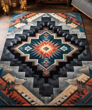 Southwestern Desert Symbols Area Rug — Handcrafted Accent Rug For Living Room, Durable Low-Pile Desert Motif Floor Decor