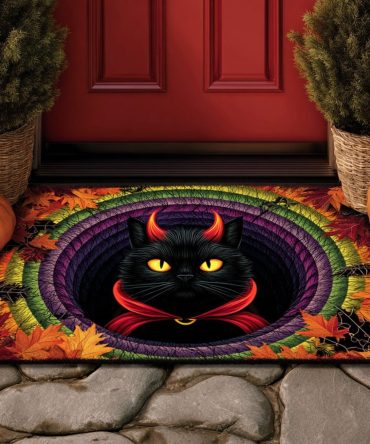 Devil Whiskers Cat Doormat — Mischievous Feline Gothic Coir Welcome Mat With Non-Slip Backing For Porch & Home