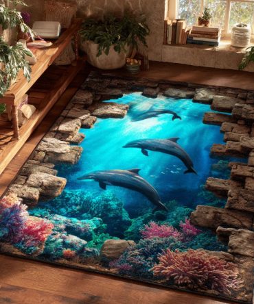 Coastal Dolphin Dance Area Rug — Nautical Ocean-Inspired Accent Rug For Beach Homes, Kids' Rooms & Easy-Care Floors