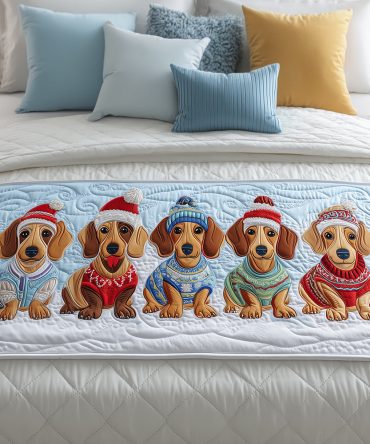 Doxie Cheer Quilted Bed Runner — Festive Dachshund Print Decorative Bed Scarf, Durable Quilting, Perfect Gift For Dog Lovers