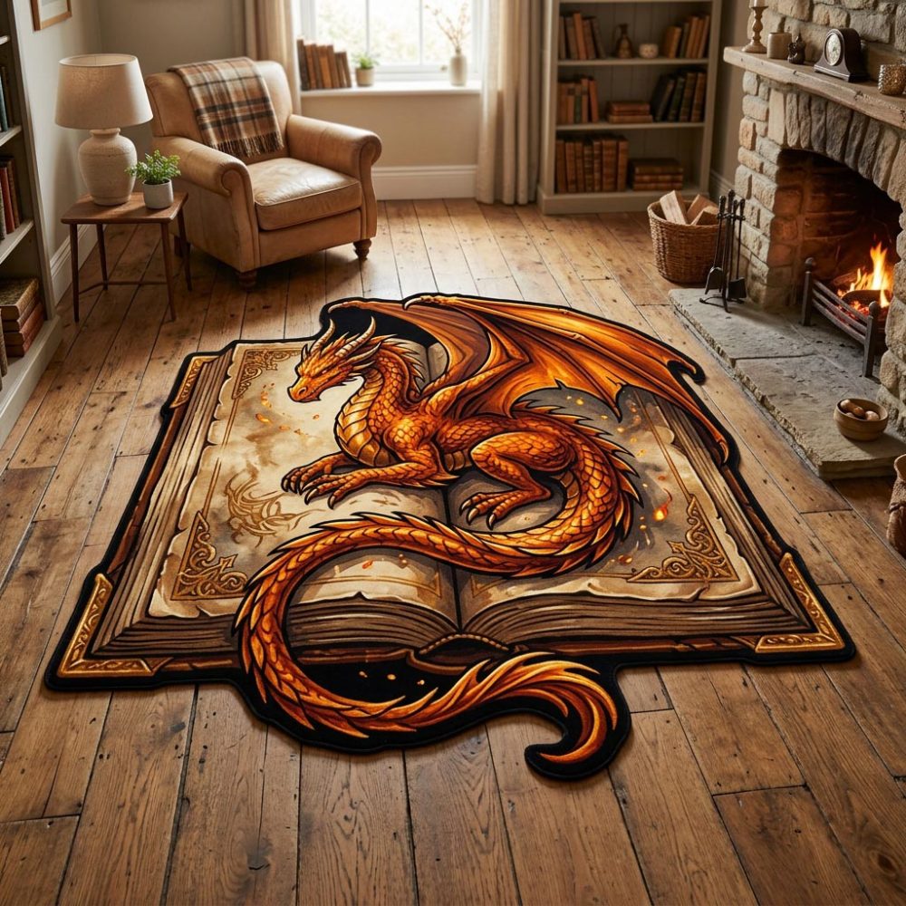 Dragon Archive Custom-Shaped Rug — Fantasy Dragon Accent Floor Mat For Game Rooms & Themed Spaces, Custom-Cut Durable Rug