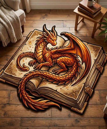 Dragon Library Custom-Shaped Rug — Scholarly Fantasy Area Rug For Reading Nooks & Libraries, Custom Cut, Soft Yet Durable