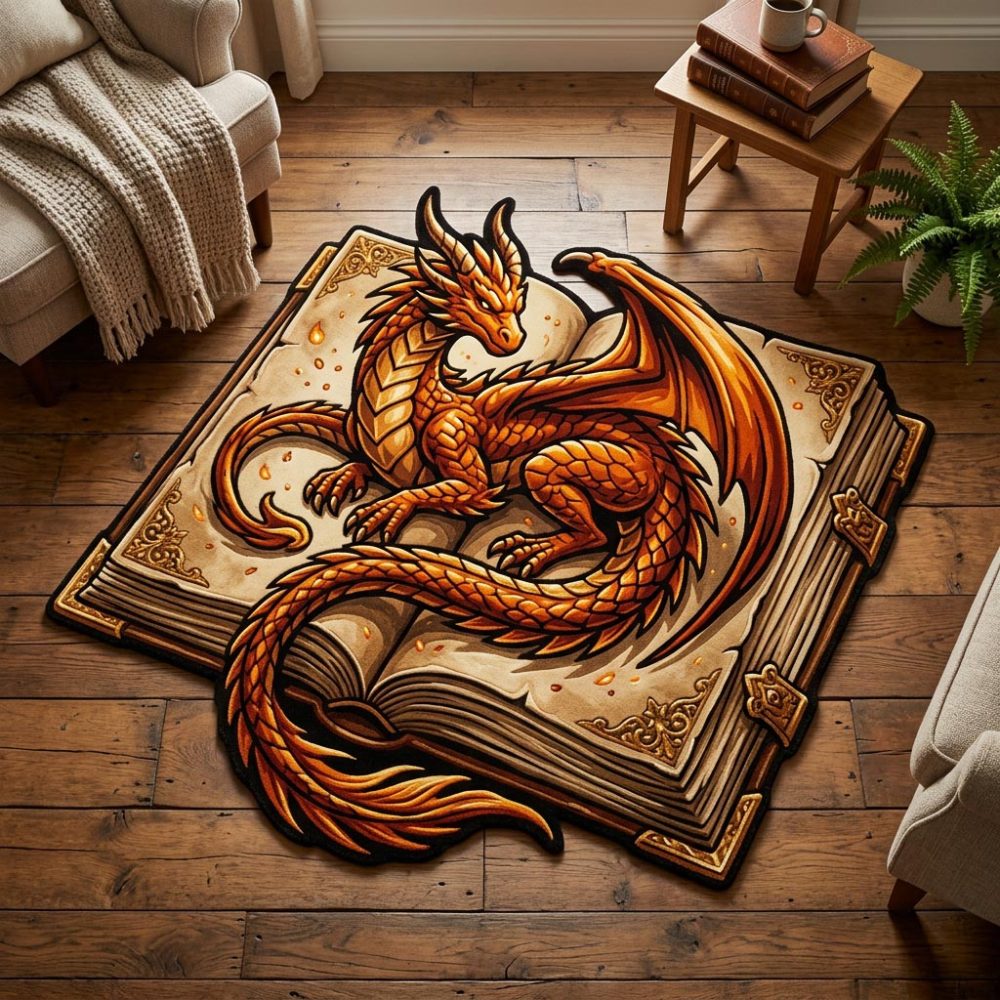 Dragon Library Custom-Shaped Rug — Scholarly Fantasy Area Rug For Reading Nooks & Libraries, Custom Cut, Soft Yet Durable
