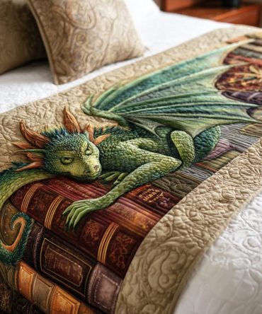 Dragon Library Night Inspired Luxury Quilted Bed Scarf — Exotic Dragon Pattern Decorative Runner For King & Queen Beds