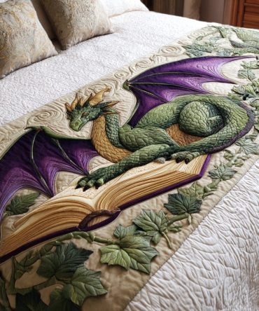 Dragon Lore Pages Quilted Bed Runner - Mythical Dragon & Script Bed Scarf For Fantasy Fans, Intricate Print, Soft Quilting, Unique Bedroom Accent