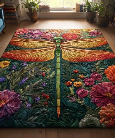 Dragonfly Calm Floral Area Rug — Serene Garden Motif, Soft Plush Pile, Fade-Resistant Print For Living Room, Bedroom & Nursery
