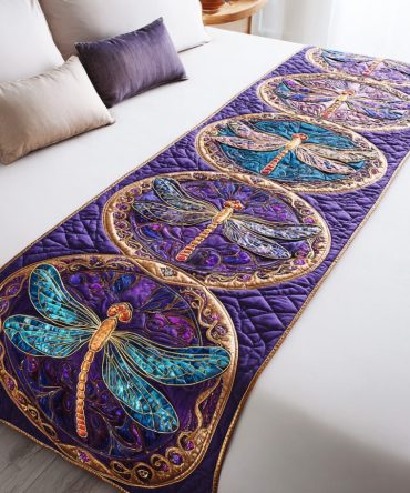 Dragonfly Dawn Light Quilted Bed Runner – Morning Garden Dragonfly Motif Decorative Bed Scarf For Bright, Airy Bedrooms