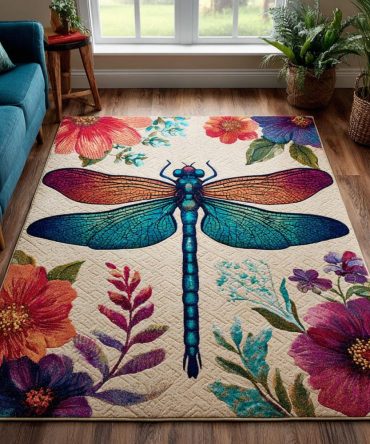 Dragonfly Drift Coastal Area Rug — Light Airy Design With Dragonflies, Durable Low-Pile Rug For Beachy Living Rooms, Sunrooms & Patios