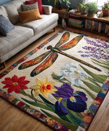 Dragonfly Garden Botanical Area Rug — Lush Floral & Insect Design, Plush Comfort Pile, Durable Colorfast Print For Living Room Or Patio Room