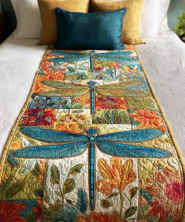 Dragonfly Garden Path Quilted Bed Runner – Whimsical Garden Dragonfly Design Decorative Bed Scarf For Charming Bedroom Aesthetics