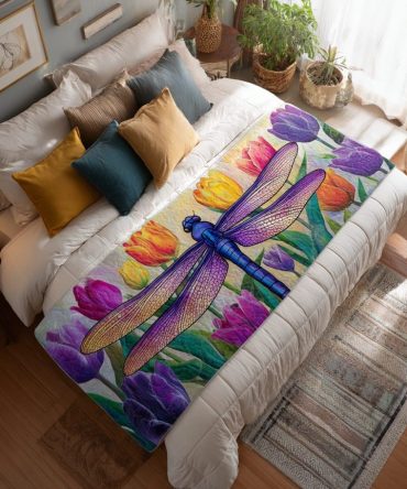 Dragonfly Garden Quilted Bed Runner — Elegant Nature Motif Bed Scarf For Queen & King, Handcrafted Look, Reversible & Easy Care
