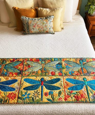 Dragonfly Meadow Quilted Bed Scarf — Floral Dragonfly Runner For Cottage & Boho Bedrooms, Soft Quilting, Decorative Bed Accent