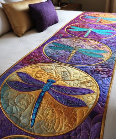 Dragonfly Soft Glow Quilted Bed Runner – Delicate Dragonfly Motif Decorative Bed Scarf, Lightweight & Elegant Bedroom Accent