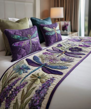 Dragonfly Trail Quilted Bed Runner — Whimsical Garden Bed Scarf For Queen & King Beds, Hand-Style Appliqué, Lightweight & Machine Washable