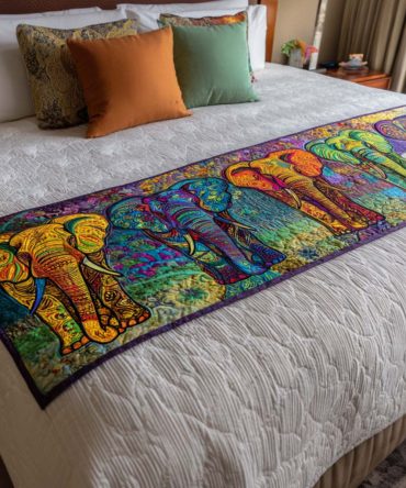 Dream Elephant Quilted Bed Runner — Tranquil Boho Cotton Bed Scarf For Queen & King, Ethnic Motifs, Reversible Decorative Accent With Soft Quilting