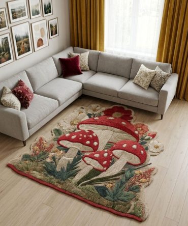 Dream Fungi Custom Shape Rug — Whimsical Mushroom Area Rug In Unique Contour Cut, Soft Plush Accent For Kids Rooms & Eclectic Spaces