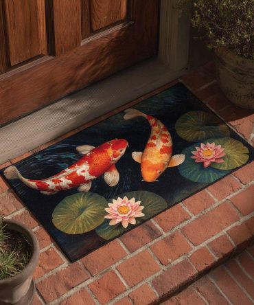 Dream Koi Coir Welcome Mat - Tranquil Outdoor/Indoor Doormat With Koi Fish & Water Lily Design, Durable Natural Coconut Fiber Mat