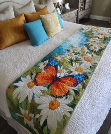 Dreamy Butterfly Quilted Bed Runner - Soft Pastel Decorative Throw For Queen & King Beds, Reversible, Delicate Garden-Inspired Accent
