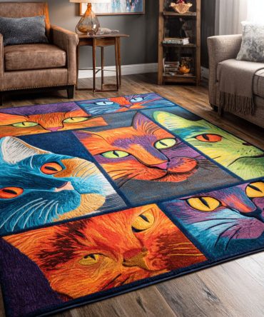 Storybook Dreamy Cat Tales Area Rug - Charming Illustrated Cat Design Rug For Nursery, Kids Room & Living Space, Soft & Durable