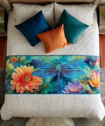 Dreamy Dragonfly Quilted Cotton Bed Runner — Soft Pastel Embroidery Accent For Bedrooms, Benches & Gift-Ready Packaging