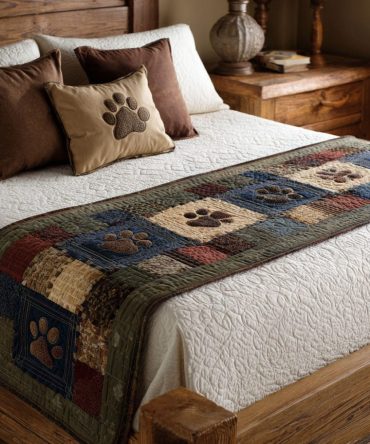 Earth Pawtrail Quilted Bed Runner — Nature-Inspired Neutral Accent With Playful Pawprint Motif For Pet Lovers & Cozy Homes