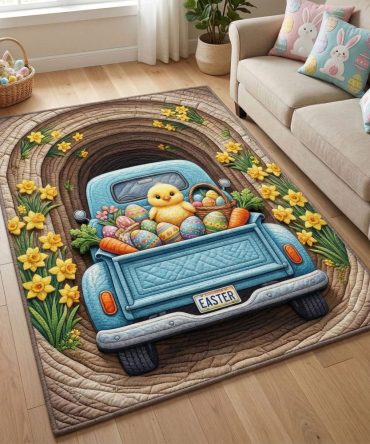 Easter Pickup Truck Area Rug — Vintage Truck With Easter Baskets Accent Rug For Rustic Spring Entryway & Living Rooms