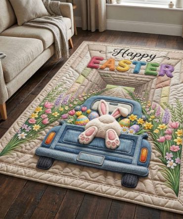 Cute Easter Truck Area Rug With Seasonal Florals — Pastel Pickup Motif For Entryways, Kitchens & Playful Spring Décor